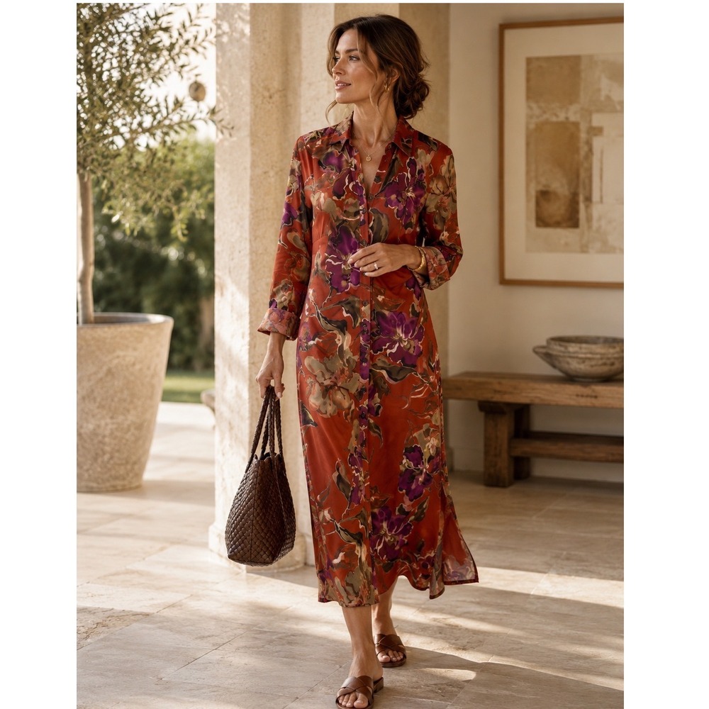 Donna Karan‎ New York Floral Dress Midi Button Front Long Sleeve 2 Satin Rust